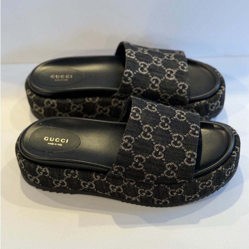 Gucci Women's Angelina Platform Slide Sandals GG Black Denim Size 41